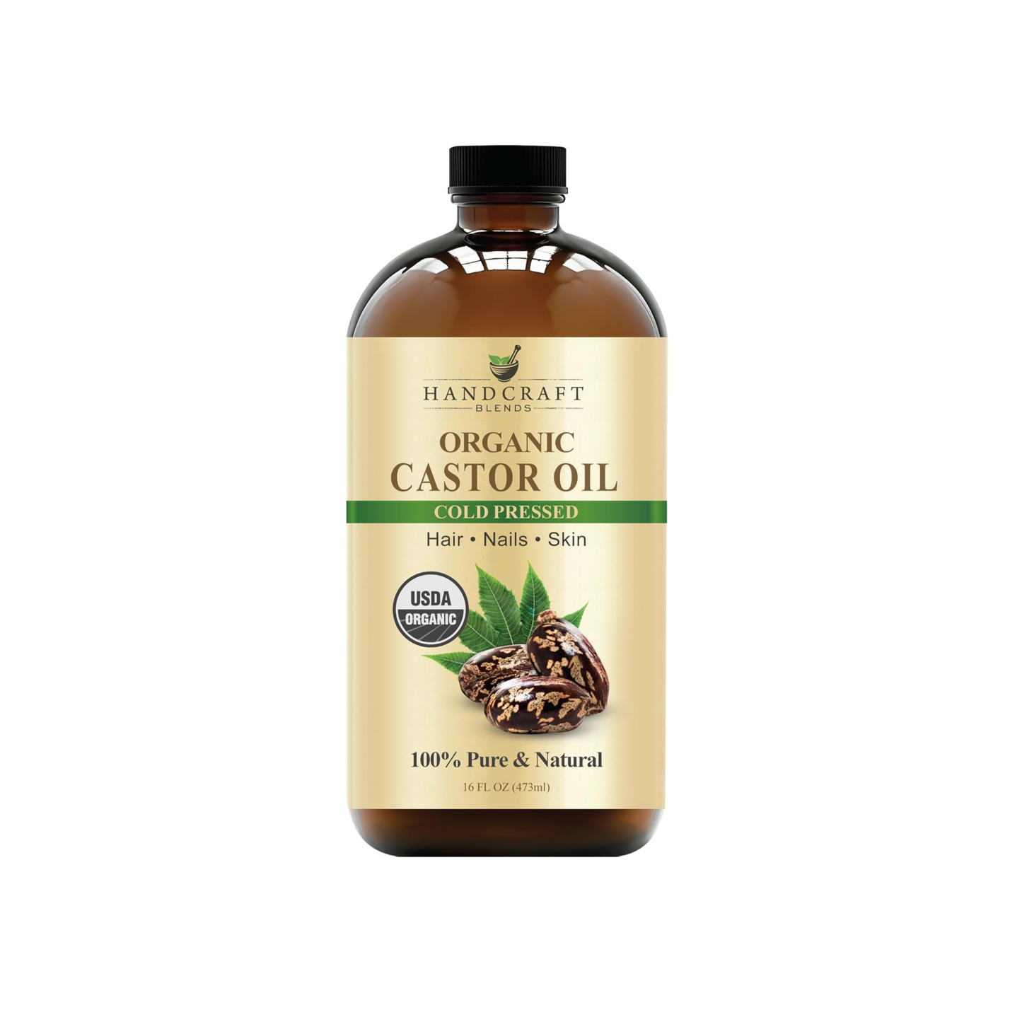 Cold-Pressed Organic Castor Oil in Glass Bottle - 16 Fl Oz - 100% Pure and Natural - Premium Grade Carrier Oil for Hair Growth, Eyelashes and Eyebrows - Hair and Body