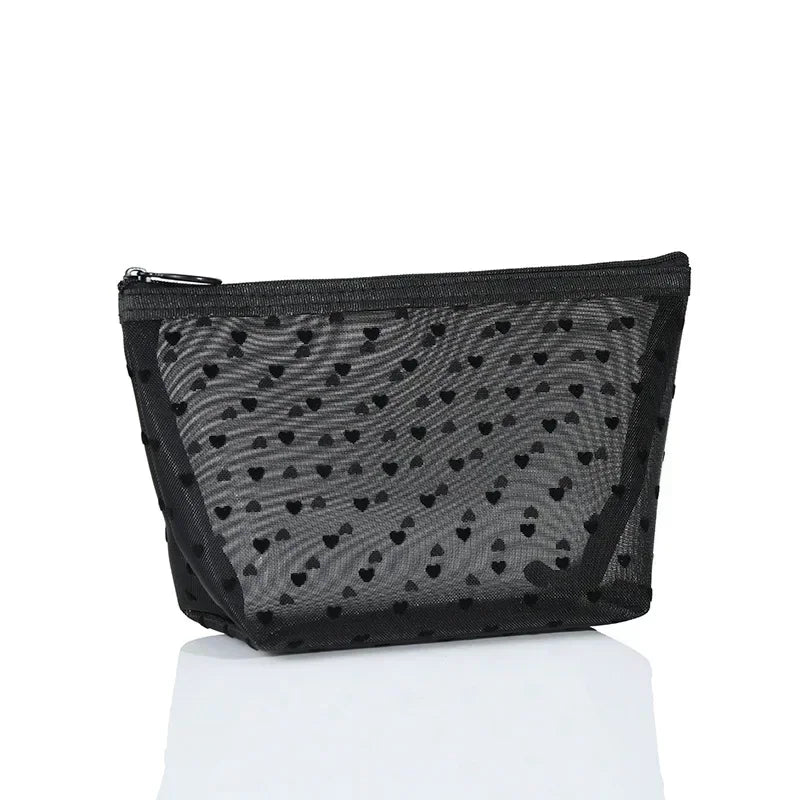 Heart-Shaped Nylon Mesh Cosmetic Bag with Zipper – Stylish Toiletry Organizer