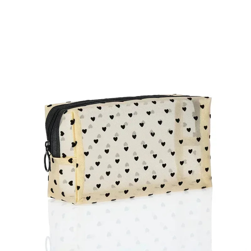 Heart-Shaped Nylon Mesh Cosmetic Bag with Zipper – Stylish Toiletry Organizer