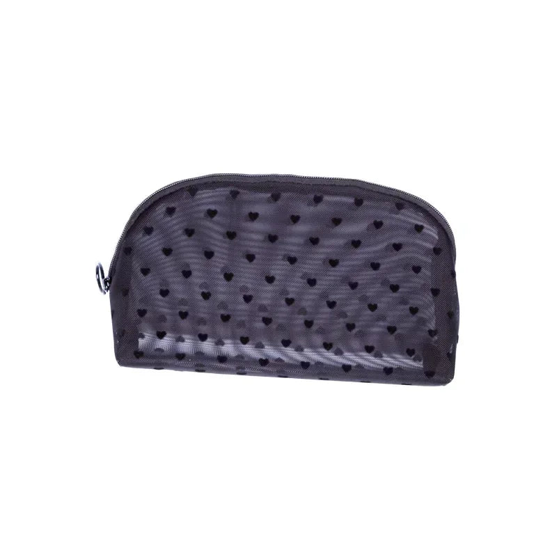 Heart-Shaped Nylon Mesh Cosmetic Bag with Zipper – Stylish Toiletry Organizer