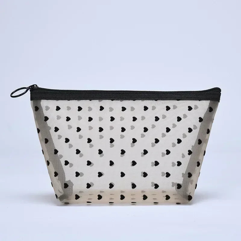 Heart-Shaped Nylon Mesh Cosmetic Bag with Zipper – Stylish Toiletry Organizer
