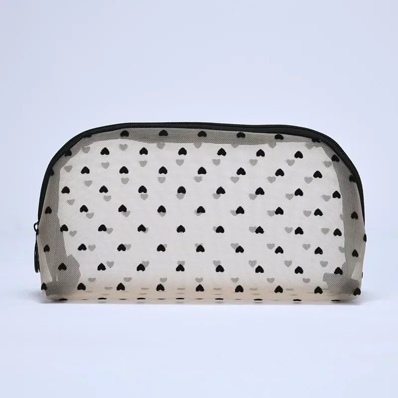 Heart-Shaped Nylon Mesh Cosmetic Bag with Zipper – Stylish Toiletry Organizer