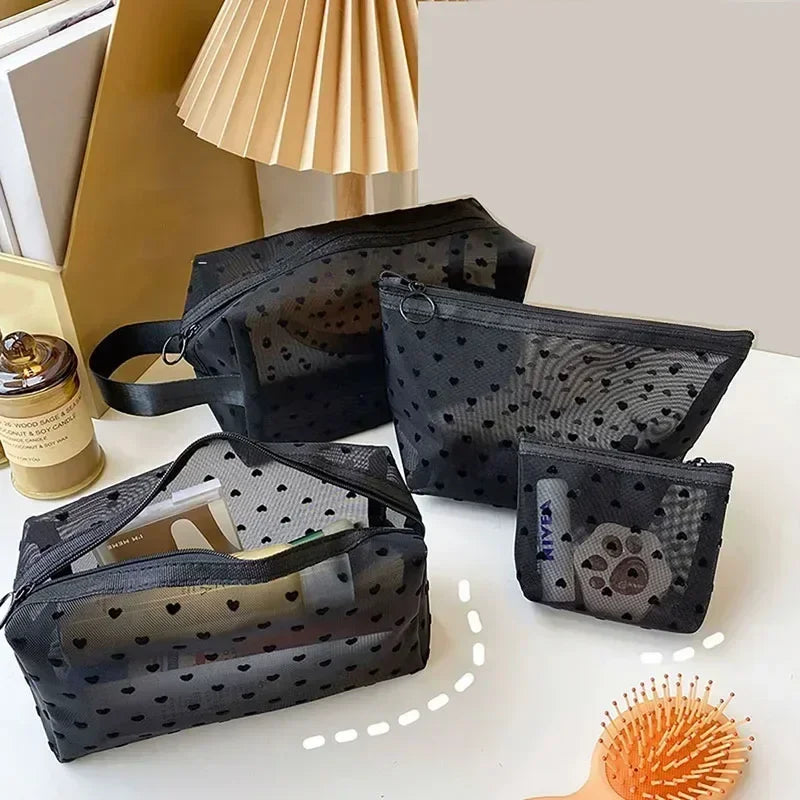 Heart-Shaped Nylon Mesh Cosmetic Bag with Zipper – Stylish Toiletry Organizer