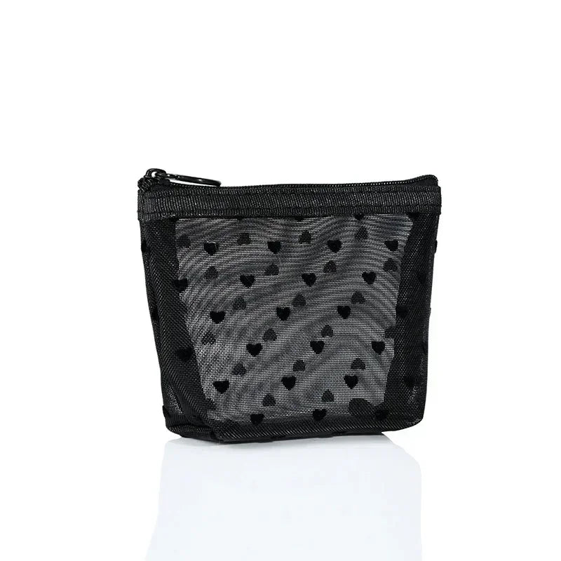 Heart-Shaped Nylon Mesh Cosmetic Bag with Zipper – Stylish Toiletry Organizer