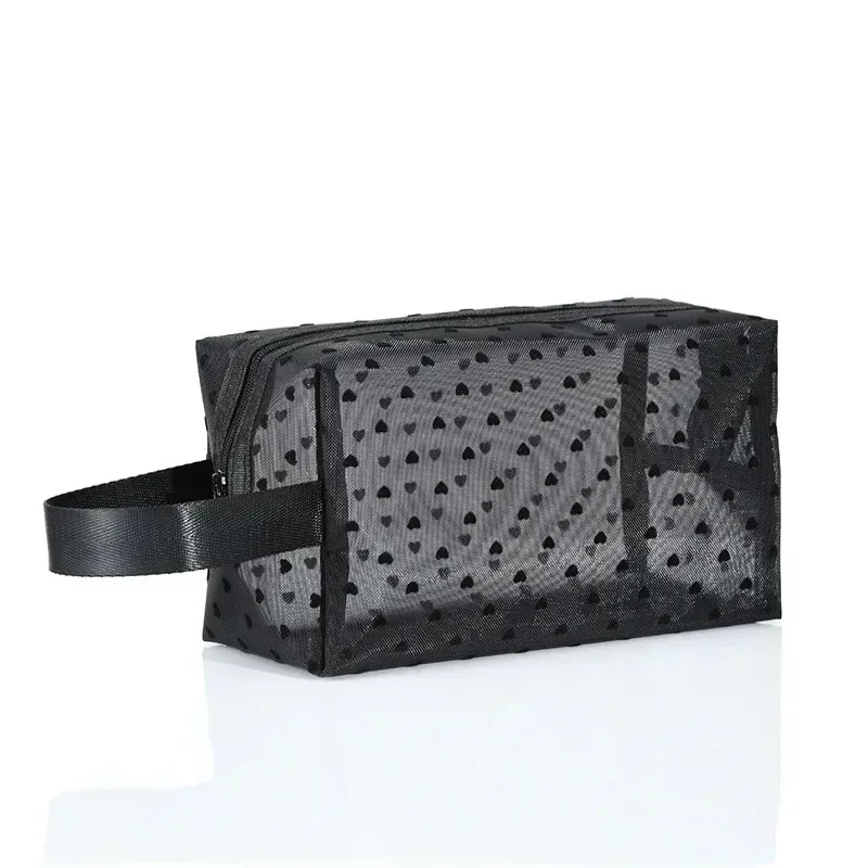 Heart-Shaped Nylon Mesh Cosmetic Bag with Zipper – Stylish Toiletry Organizer