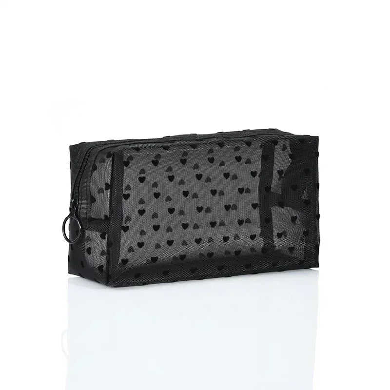 Heart-Shaped Nylon Mesh Cosmetic Bag with Zipper – Stylish Toiletry Organizer