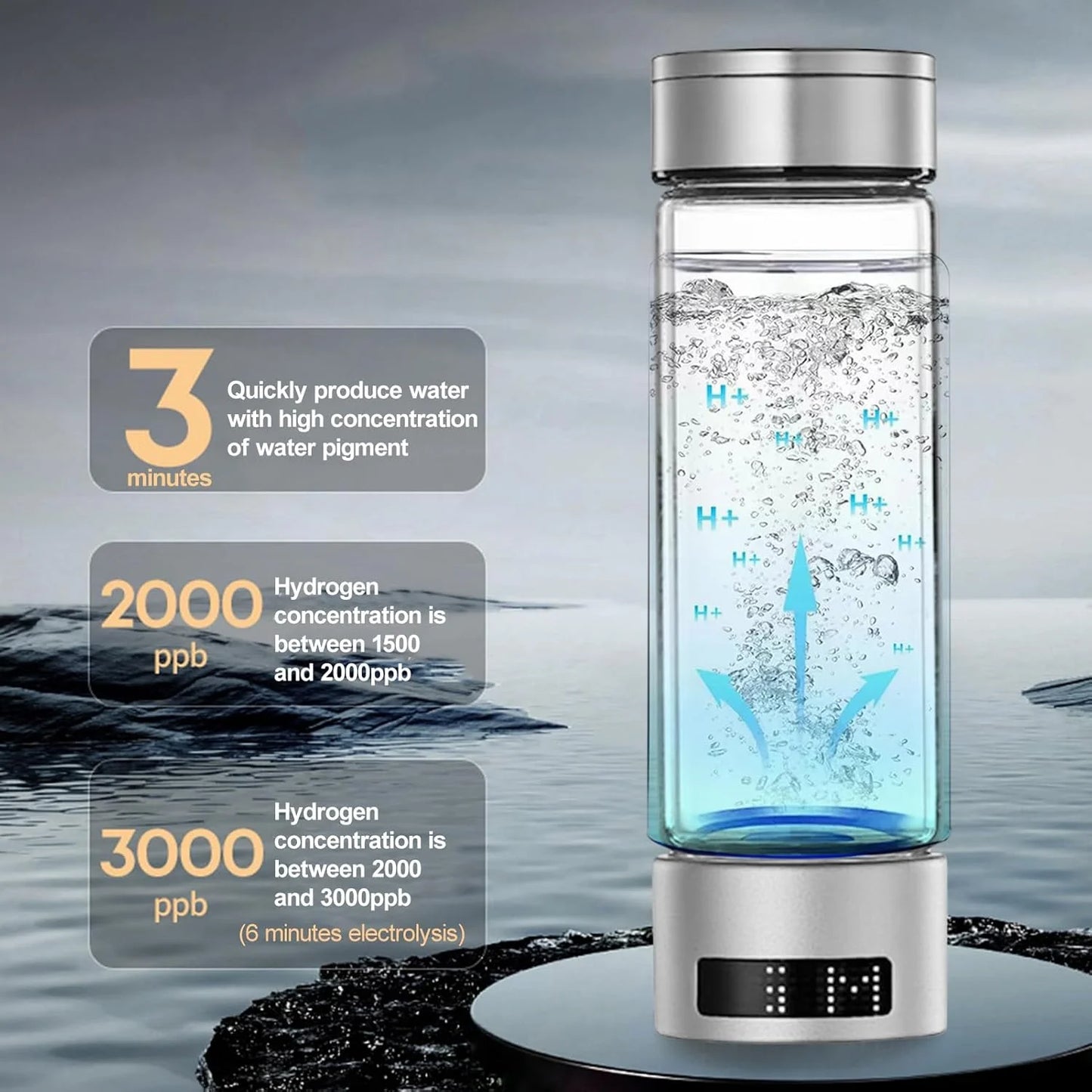 Hydrogen Water Bottle, Double Layer Glass Health Mug Generator, USB Rechargeable Ionized Water Generator Machine for Home Office Travel, Silver