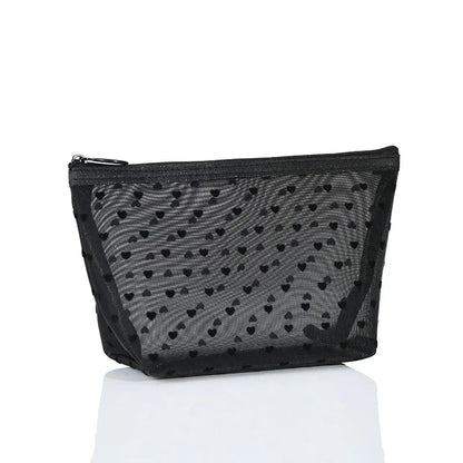 Heart-Shaped Nylon Mesh Cosmetic Bag with Zipper – Stylish Toiletry Organizer