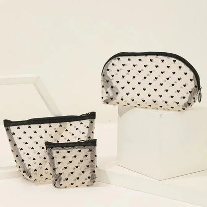Heart-Shaped Nylon Mesh Cosmetic Bag with Zipper – Stylish Toiletry Organizer