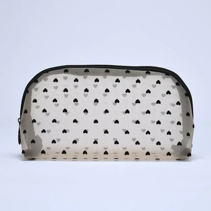 Heart-Shaped Nylon Mesh Cosmetic Bag with Zipper – Stylish Toiletry Organizer