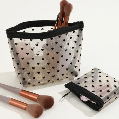 Heart-Shaped Nylon Mesh Cosmetic Bag with Zipper – Stylish Toiletry Organizer