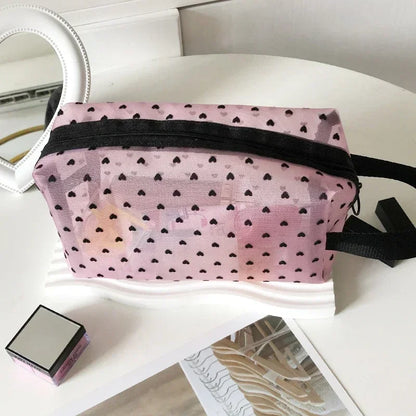 Heart-Shaped Nylon Mesh Cosmetic Bag with Zipper – Stylish Toiletry Organizer