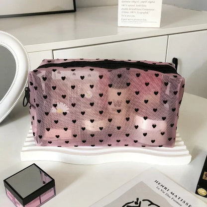 Heart-Shaped Nylon Mesh Cosmetic Bag with Zipper – Stylish Toiletry Organizer