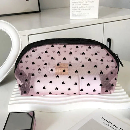 Heart-Shaped Nylon Mesh Cosmetic Bag with Zipper – Stylish Toiletry Organizer