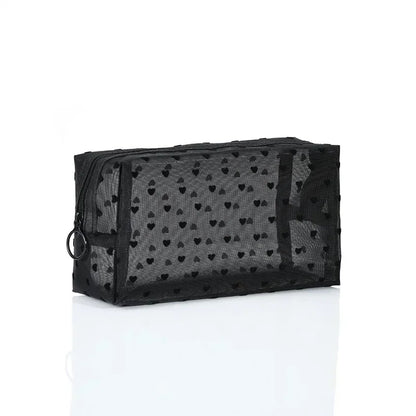 Heart-Shaped Nylon Mesh Cosmetic Bag with Zipper – Stylish Toiletry Organizer